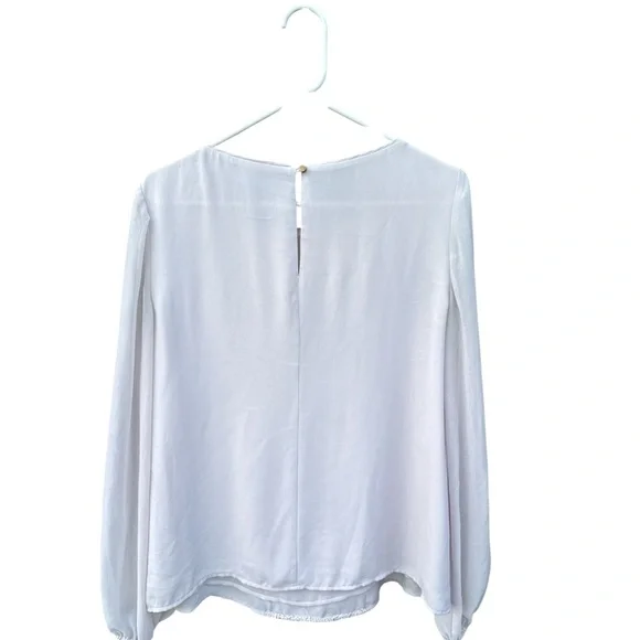 White House Black Market White Lace Design Blouse Size 8 Sheer Sleeves - Picture 3 of 4